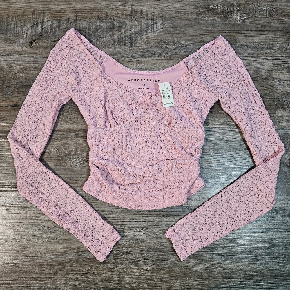 Aeropostale‎ Pink Ruched Lace Long Sleeve Baby Doll Top